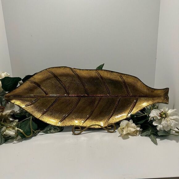 Vintage Glass Leaf Decorative Serving Tray 20” Gold-tone & Red Two-tone - Picture 2 of 6